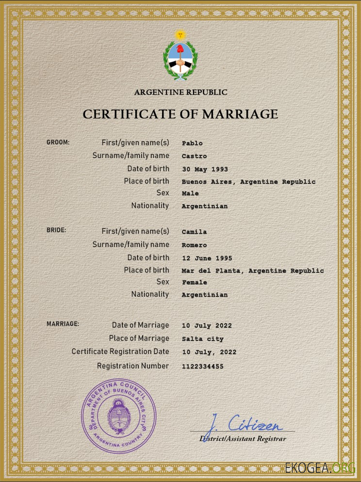 Modèle PSD de certificat de mariage en Argentine